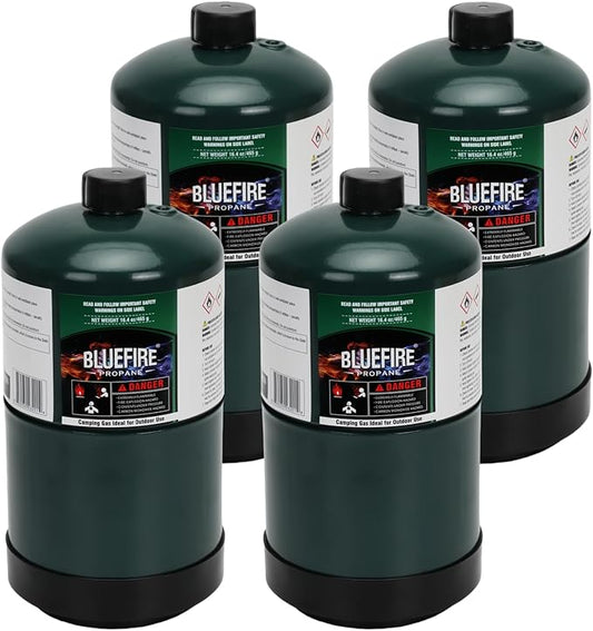KOMAN BLUEFIRE 1lb Propane Tank Camping Propane Tank Pack of 4 Portable Canister Propane Gas Tank Small Propane Tanks for Camping Stove Outdoor Backpack Mini Burner Heater Cooking Torch Lamp