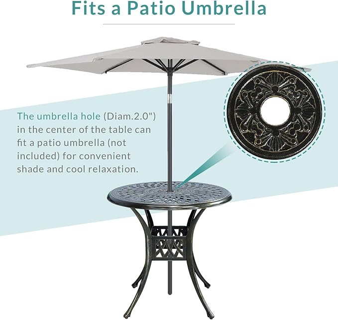MEETWARM 3 Piece Patio Bistro Set, Outdoor All-Weather Cast Aluminum Dining Furniture Set Includes 2 Cushioned Chairs and a 31” Round Table with Umbrella Hole for Garden Deck, Navy Blue