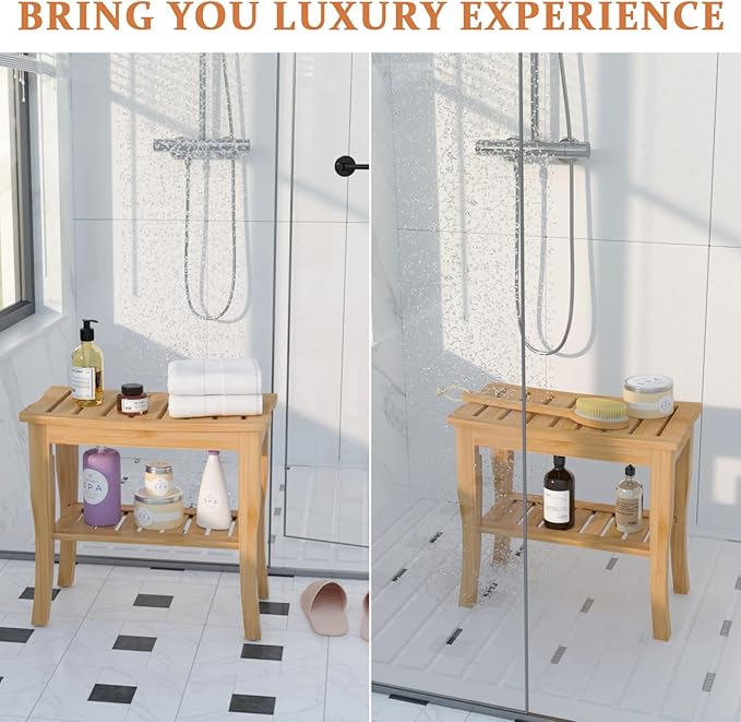 Domax Bamboo Shower Benches for Inside Shower - Bathroom Bench Seat Waterproof Wooden Shower Stool with Storage Shelf for Adults Elderly Seniors Wood Shower Chair for Bathtub or Small Spaces, Natural