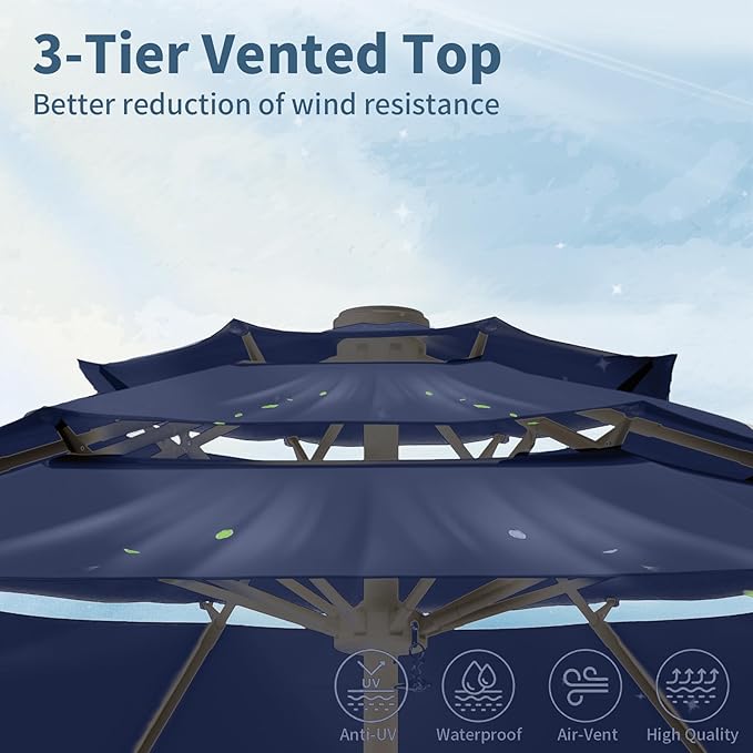 9FT 3 Tiers Patio Umbrella With Auto Tilt And Crank, Outdoor Table Market Umbrella with 8 Sturdy Ribs for Garden, Lawn, Deck, Backyard and Pool, Navy