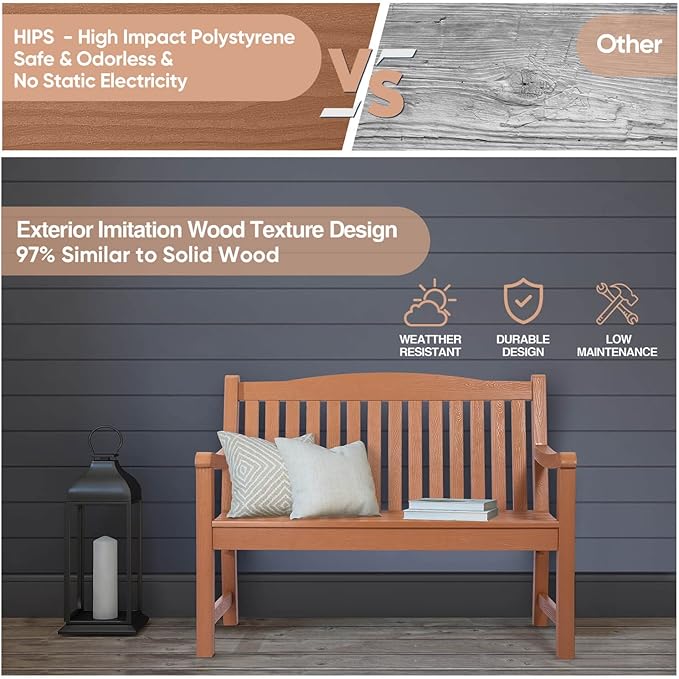 Outdoor Bench Set of 2, All Weather Resistant Poly Lumber 2-Person Weatherproof Patio Garden Bench, Will not Rot and Fade, Outside Bench Suit for Garden, Porch,Balcony, Poolside, Park - Teak