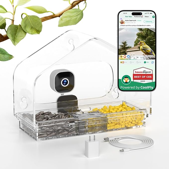 Smart Window Bird Feeder Camera with AI, Modern Design for Panoramic Views, 2K HD Live Feed, USB Powered & Secure Suction Mount - The Ultimate Tech Gift (Clear)