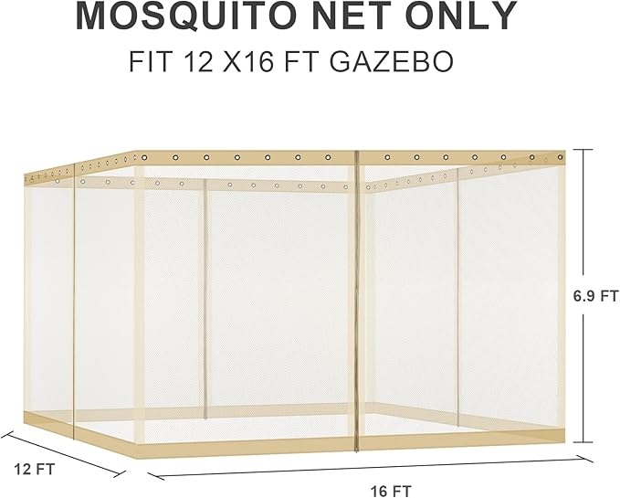 BPS 12' x 16' Gazebo Universal Mosquito Netting Screen Replacement, 4-Panel Screen Walls with Double Zippers for Outdoor Patio, Khaki (Mosquito Net Only)