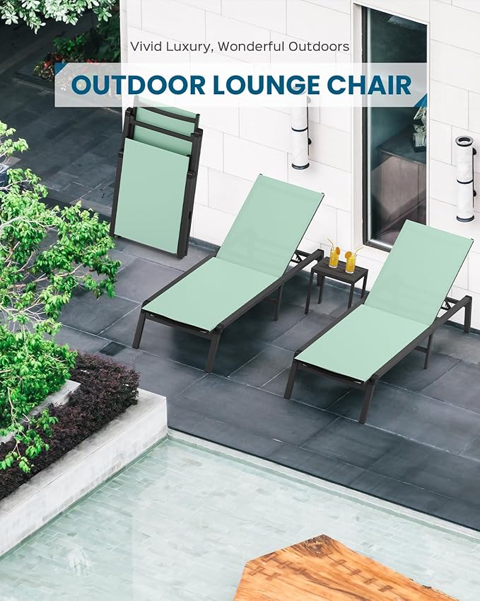 Foldable Pool Lounge Chairs, Aluminum Chaise Lounge Outdoor with 5 Positions Recliner - Free Assembly - Patio Lounge Chair for Poolside, Beach (LightGreen)