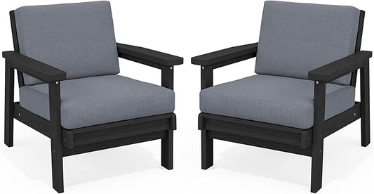 SERWALL HDPE Outdoor Couch Set of 2, Black Frame and Grey Cushion