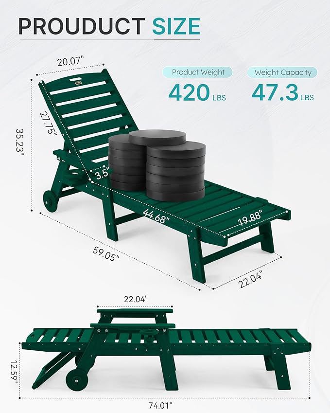 Chaise Lounge Chair Outdoor with Wheels, Oversize Patio Lounge Chairs with Wood Texture, 5-Position Plastic Lounge Chairs Set of 4-Green(Separate Delivery)