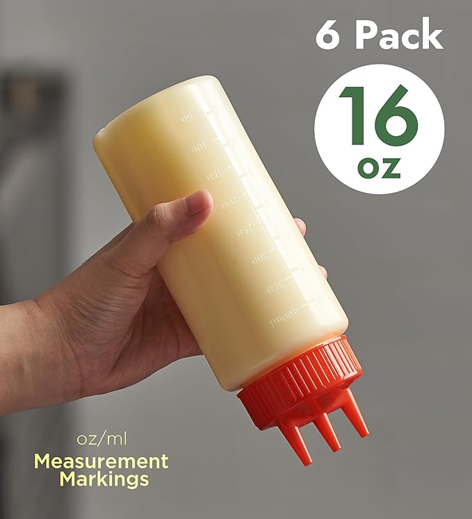CURTA 6-Pack 16 oz Clear Squeeze Bottle with 3 Open Tips, BPA-Free Easy-to-Squeeze Plastic Condiment Dispenser with oz & ml Markings for Sauce, Oil, Dressing, Dishwasher Safe, Red