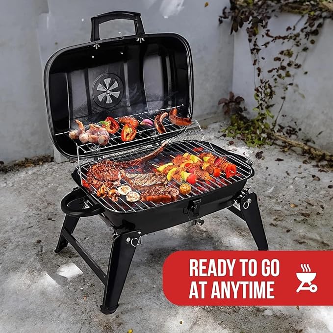 14" Portable Charcoal Grill for Outdoor Cooking, Tabletop BBQ Grill with Enamel Coating & Folding Legs,Compact Camping Grill for Tailgating, Picnics (Lightweight 8 Lbs, Black)