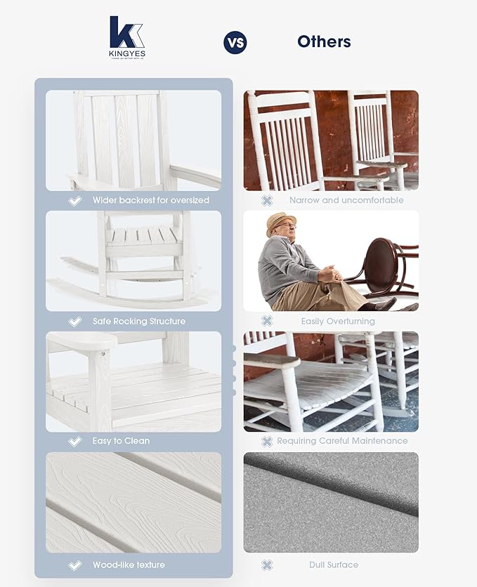 KINGYES Outdoor Rocking Chair, All-Weather Patio Rocking Chairs for Porch, HDPE Rocking Outdoor Chairs with High Back for Adult, Heavy Duty Outdoor Patio Rockers for Garden, Lawn, White