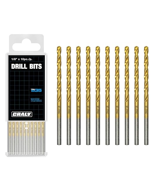 CRALY 1/8 Inch 10-Pc Cobalt Drill Bit Pack, M35 HSS Titanium Coated Jobber Length Twist Drill Bits, 135 Degree Split Point, for Hard Metal, Stainless Steel, Cast Iron, Plastic