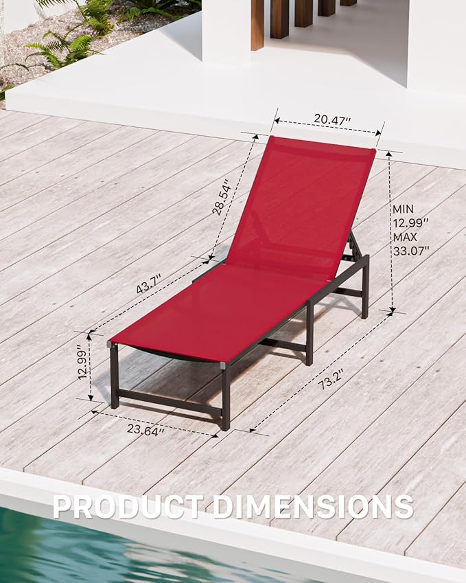 Chaise Lounge Chair Outdoor,Aluminum Patio Lounge Chairs Set of 2,Pool Lounge Chairs with 5 Adjustable Backrest and Headrest Pillows for Outside Beach，Red