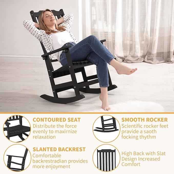 Outdoor Rocking Chair, Oversized All Weather High Back Porch Rocker, Patio Rockers for Outside