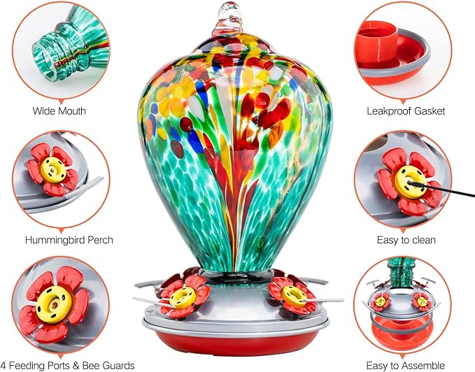 Muse Garden Gifts for Women Glass Hummingbird Feeder for Outdoors Hanging, Mother‘s Day Christmas Valentine Hummingbird Gifts for Women Mom, Ant Moat Included, 2 Pack, Turquoise and Comet