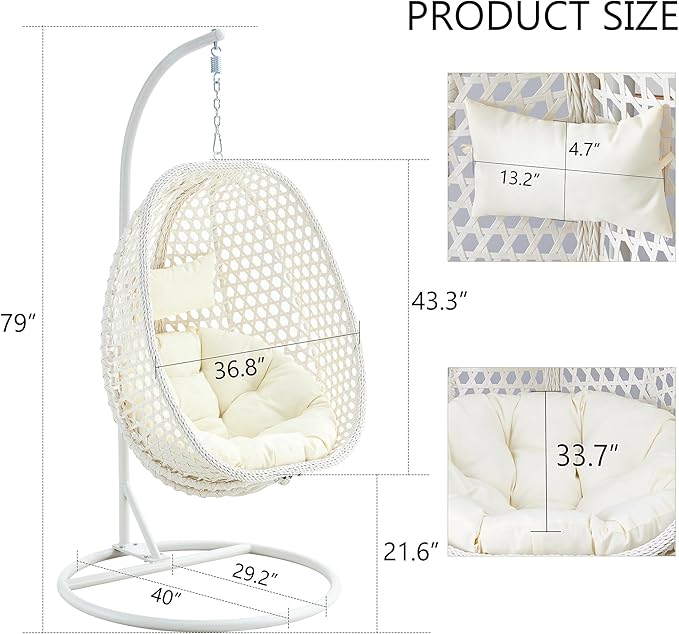 Hanging Egg Chair with Stand, Egg Swing Chair with Stand Indoor Outdoor, White Wicker Swing Egg Chair for Adults, Hammock Chair with Comfortable Cushion and Stable Round Metal Base for Bedroom Patio