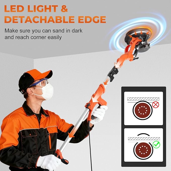 Electric Drywall Sander with Vacuum Dust Collector,1000W 8-Amp Popcorn Ceiling Removal Tool Vacuum, Floor sander with 5 Variable Speed 1000-2100RPM, Extendable Handle,LED Light