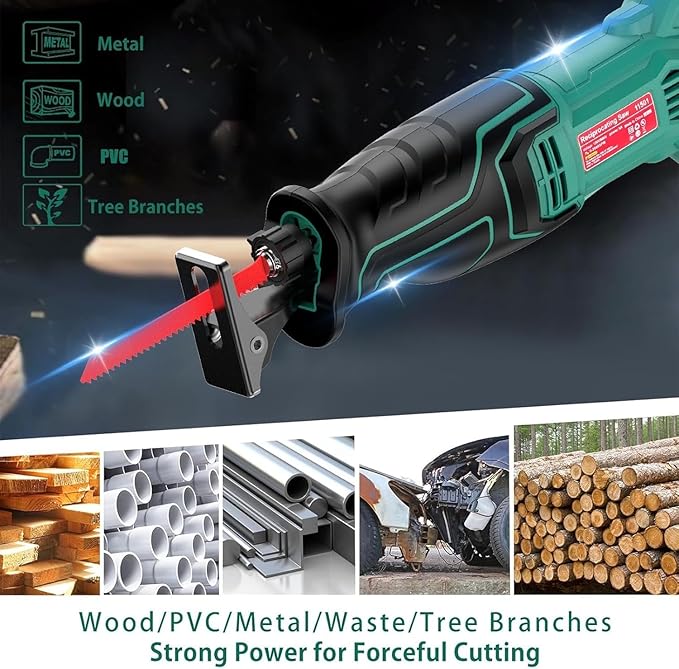 HYCHIKA Reciprocating Saw, 30W LED Work Light, 6.7A Jig Saw, Laser class: II, 3-Tool Power Tool Combo Kit