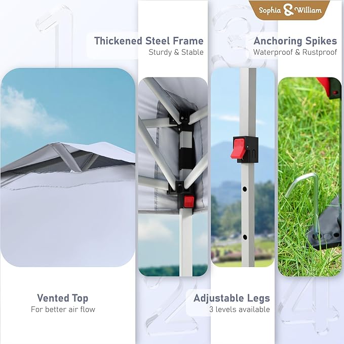 Sophia & William Canopy Tent Pop Up 10x10 ft, Outdoor Patio Portable Commercial Canopies Shelter Heavy Duty Straight Legs with Roller Bag, 8 Stakes, 4 Guy Ropes, UPF50+, White