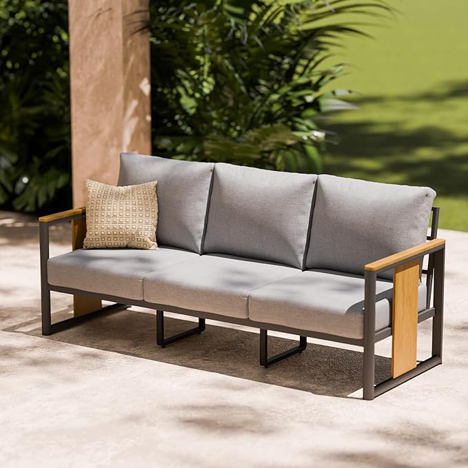 ZANDOR Aluminum Outdoor Patio Furniture Set – 3-Seat Sofa with Washable Thick Cushions,All-Weather Modern Metal Furniture for Garden,Backyard,Porch,Grey