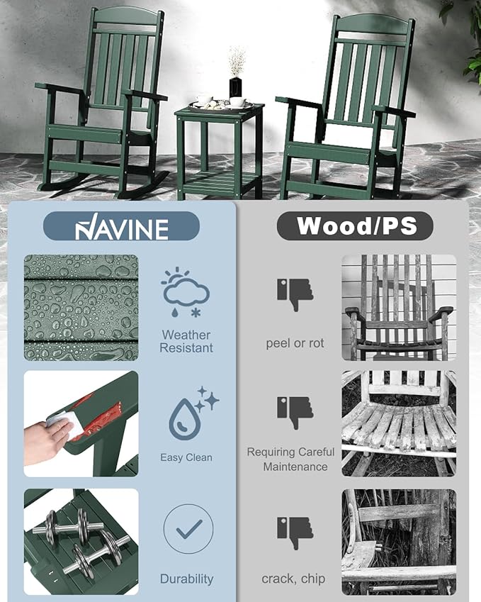 Outdoor Rocking Chairs Set of 2, Oversized High Back Patio Rocking Chairs, All Weather Porch Rocking Chairs for Outside. Dark Green