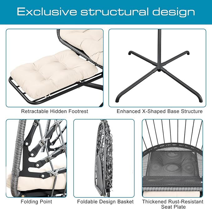 Hanging Egg Chair with Leg Rest and Stand – Rattan Wicker Swing Hammock Chair, UV-Resistant Cushion, Heavy-Duty Frame for Indoor & Outdoor Patio, Bedroom, Balcony, Garden – 330 lbs Capacity(Beige)
