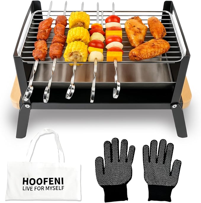 Portable Charcoal Grill with Wood Handle - Folding Tabletop BBQ, Portable Mini BBQ Grill, Compact Stainless Steel Grill for Outdoor Camping, Picnics & Backyard, Easy Setup & Clean