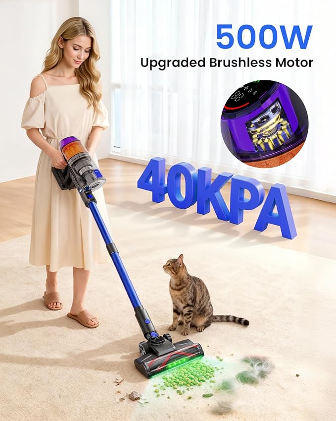 Cordless Vacuum Cleaners for Home, 500W 40Kpa Suction Lightweight Vacuum, 60-Min Runtime LED Display, 3 HEPA Filters & Brushes, 180° Lay-Flat, Anti-Tangle Brush, Wall-Mount Rechargeable,Blue