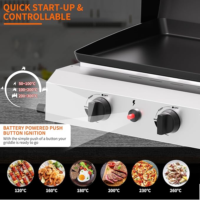 SKOK 2 Burner Outdoor Gas Griddle with Hood, Portable Flat Top Gas Grill-Table Top Propane Griddle Station with Side Shelves for Kitchen, Outdoor BBQ, Camping