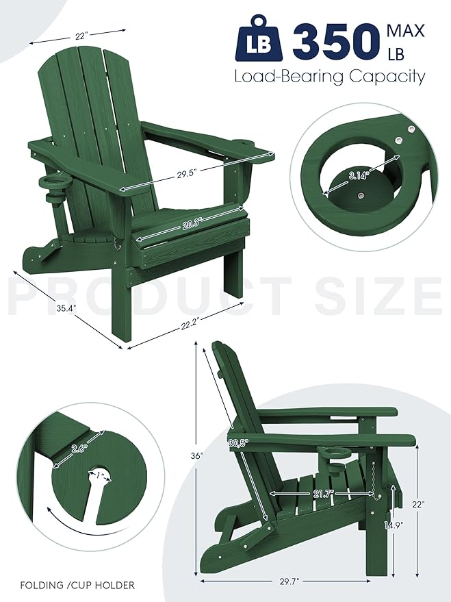 KINGYES Folding Adirondack Chair Set of 6, Dual Cup Holders & All-Weather HDPE, Wood-Like Patio Chair for Backyard, Camping, Pool & Fire Pit, Dark Green