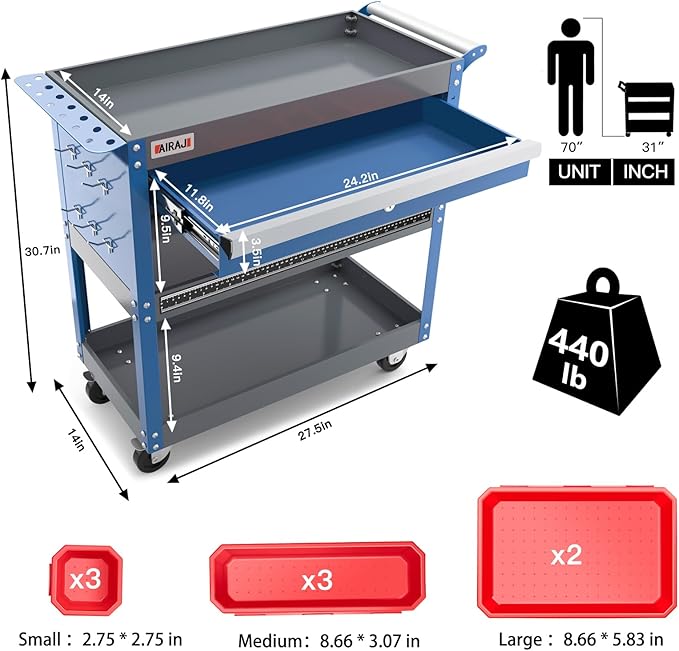 AIRAJ 3 Tier Rolling Tool Cart,Mechanic Tool Cart on Wheels,Industrial Utility Cart with Drawers and Pegboard,440 LBS Capacity Tool Storage Cart for Garage,Warehouse,Blue