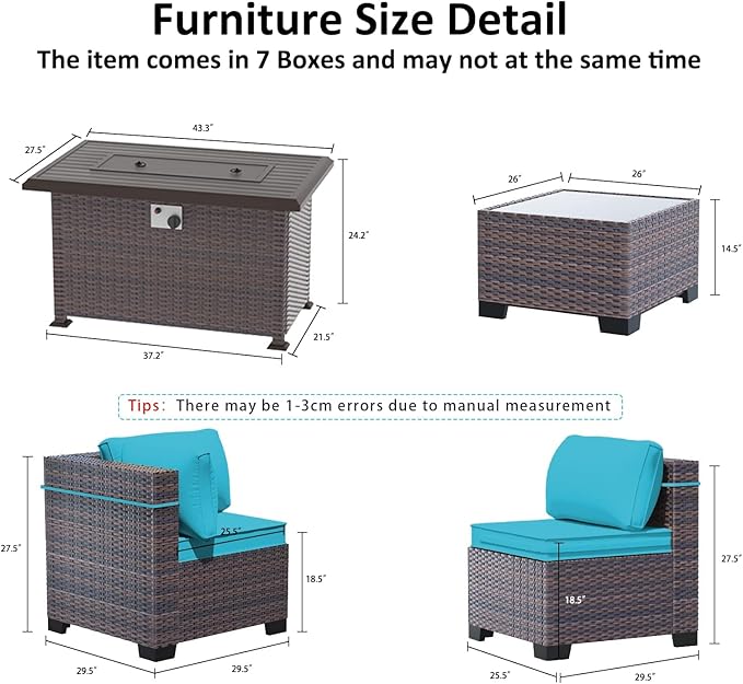 Outdoor Patio Furniture Set with Gas Fire Pit Table, 8 Pieces Outdoor Furniture Set Patio Sectional Sofa w/43in Propane Fire Pit, PE Wicker Rattan Patio Conversation Sets - Teal.