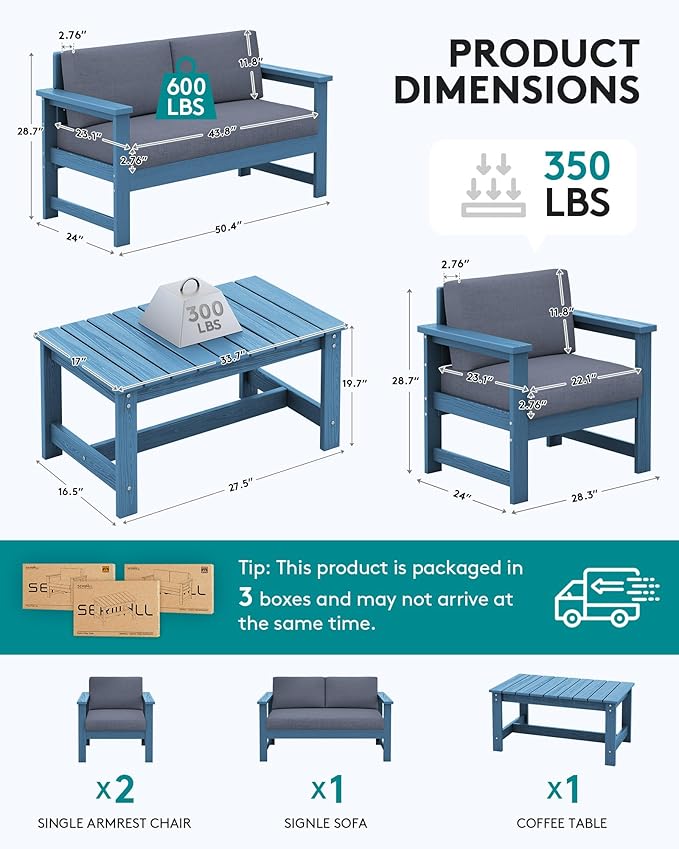 SERWALL 4 Pieces HDPE Outdoor Sofa Set with Cushion, All Weather Use Conversation Couch Set, Outdoor Loveseat Social Furniture with Coffee Table and Cushions, Blue Frame with Grey Cushions