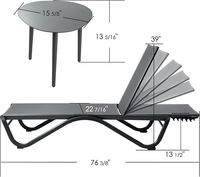 Kozyard Chaise Lounge Outdoor Set Full Flat Alumium Reclining Adjustable Chair Flat Patio Chaise Lounge Chair for Sunbathing, Patio, Poolside(2Gray Textilence W/Table)