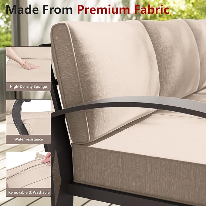 10-seat Aluminum Patio Furniture Set with Fire Pit Table, L-Shaped Sectional Sofa with 5.1" Cushions, High Backrest & 2 Footstools, Durable Outdoor patio Furniture Set, Backyard, Poolside - Sand
