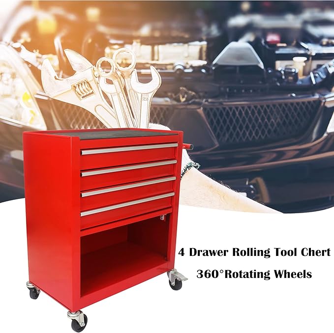 4 Drawers Tool Cart on Wheels,Rolling Tool Box Tool Storage， Drawers Rolling Organizer Tool Case for Garage, Warehouse, Workshop, Repair Shop (4 Drawers(Red))