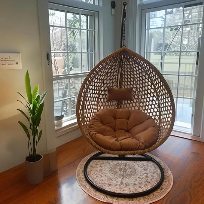 Egg Swing Chair Outdoor with Stand, Hanging Egg Rattan Basket Chair with Cushion and Pillow, Lounge Chairs, Foldable Basket and Metal Stand for Porch, Patio, Bedroom, Balcony,Yard (Khaki)