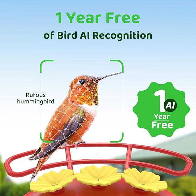 SEHMUA Smart Hummingbird Feeder with Camera, Solar Powered Bird Cam with 1 Year Trial AI Identify, Ant Moat & Bee Proof, Outdoor Hanging, Gift for Bird Watching