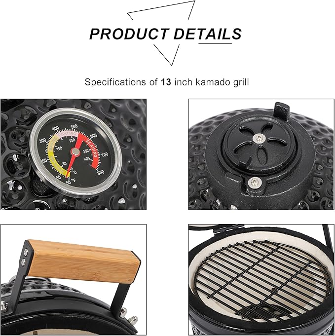 Outvita Ceramic Grill, 13" Round Kamado Charcoal Grill, Portable Barbecue Grill with Thermometer for Variations on Cooking Methods(Black)