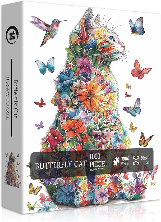 Cat Puzzles for Adults 1000 Pieces, Flower Puzzle Colorful Art Animal Kitten Hummingbird, Butterfly Garden Plant Floral Impossible Jigsaw Puzzle