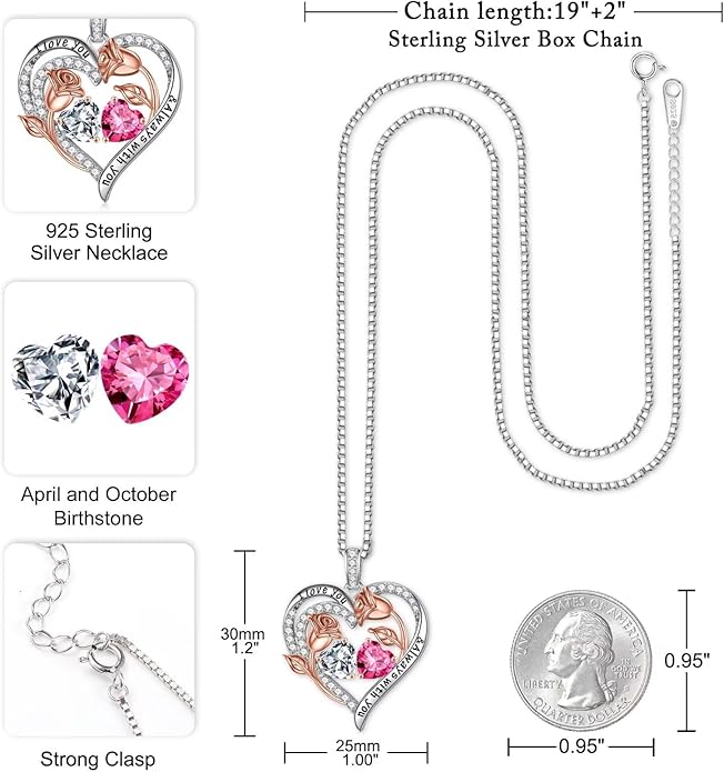 Iefil Christmas Gifts for Women Wife - 925 Sterling Silver Rose Heart Birthstone Necklace Birthday Anniversary Jewelry Gifts for Her Wife Mom Daughter