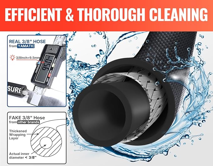 YAMATIC 3/8" Pressure Washer Hose 25FT Hot Water Power Washer Hose Max 212°F with Swivel Quick Connect, 4000 PSI Commercial Grade Steel Wire Braided & Synthetic Rubber Jacket, Kink Resistant