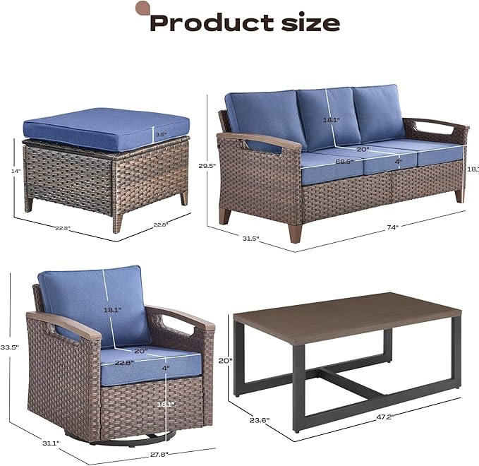 Rilyson Wicker Outdoor Patio Furniture Set - 6 Piece Patio Conversation Sets with Swivel Rocker Chairs, Sofa, Ottomans and Coffee Table, Thick Cushions, Waterproof Wicker, for Porch Deck Brown/Blue