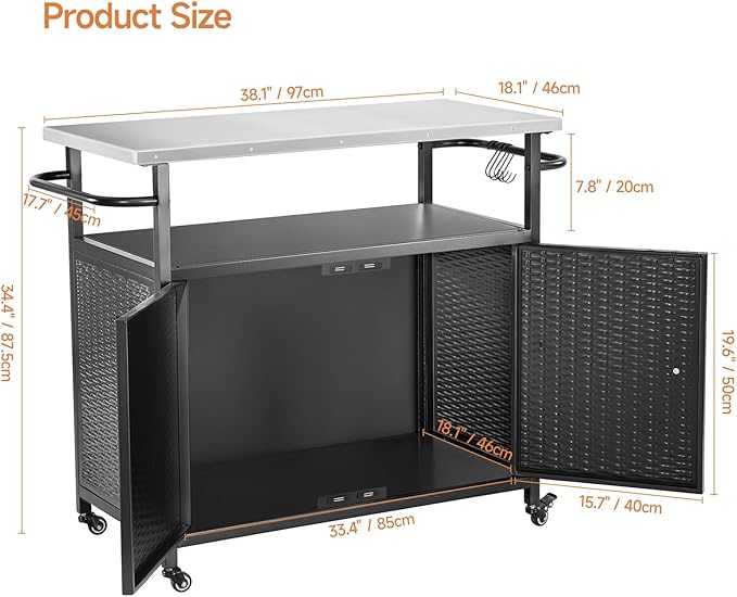 Outdoor Grill Cart with Storage, Outdoor Bar Cart with Wheels, Kitchen Island Cart with Stainless Steel Top for BBQ, Patio, Backyard