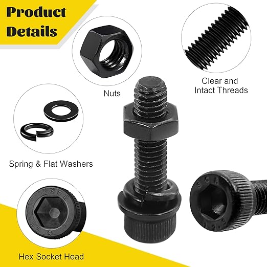 174PCS M6 Screws with Nuts Assortment Kit - M6x8/10/12/16/20/25/30/35 mm Hex Socket Head Cap Bolts with Nuts & Washers Assorted Set - 12.9 Alloy Steel Black Zinc Plated Anti-Rust Hardware Set