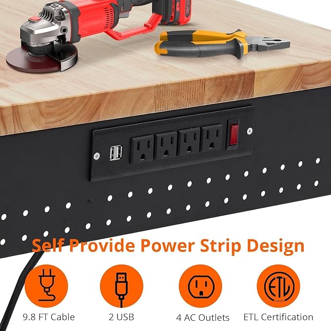 60"x22" Heavy-Duty Adjustable Workbench - 2000LB Capacity Work Bench with Rubberwood Top, Locking Wheels & Power Outlets, 27.8"-39.5" Height, Mobile Garage Workstation for Workshop/Home DIY