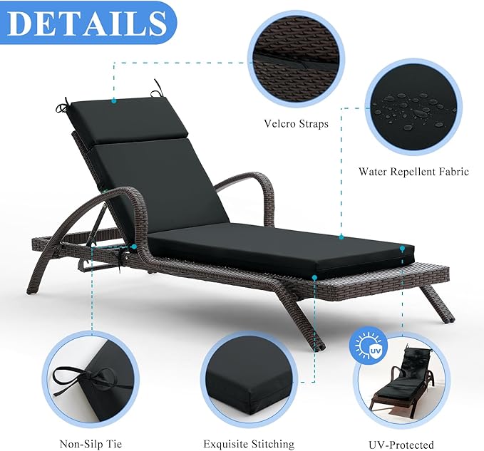 FILUXE Chaise Lounge Cushions Outdoor Furniture, High-Density Foam Chair Cushion with Ties, Weather & Fade Resistant - Patio Recliner Chairs Cushions for Lawn,Pool & Beach 72x21x3 Inch, Deep Grey