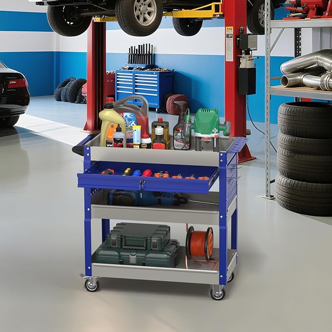 3 Tray Rolling Tool Cart, 400 LBS Capacity Mechanic Tool Carts on Wheels, Heavy Duty Utility Cart with Drawers, Metal Work Cart for Garage, Warehouse and Repair Shop, GrayBlue