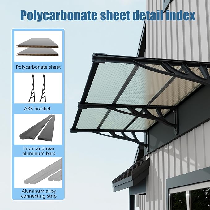 Door Awning Window Canopy, Modular Spliced Awnings for Outside,Porch,Patio,Deck,Polycarbonate Sheet,UV, Rain, and Snow Protection (Brown Board & Black Bracket, 35 * 48'')