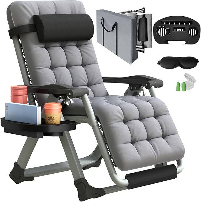 XL Zero Gravity Lounge Chair 29", Oversized Padded Folding Recliner for Patio with Storage Bag, Removable Cushion, Footrest, Full Aluminum Lock & Large Cup Holder, Supports 450 lbs, Grey
