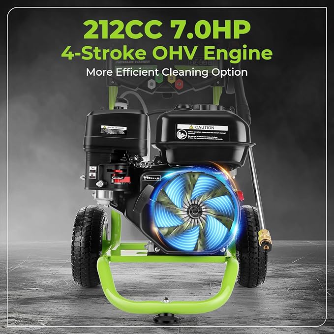 4200 PSI Gas Pressure Washer, 4.0 Max GPM 212CC 7HP Commercial Gas Power Washer, Spray Gun and Wand, 5 Nozzle Set, for Cars/Fences/Driveways/Homes/Patios/Furniture (Green)