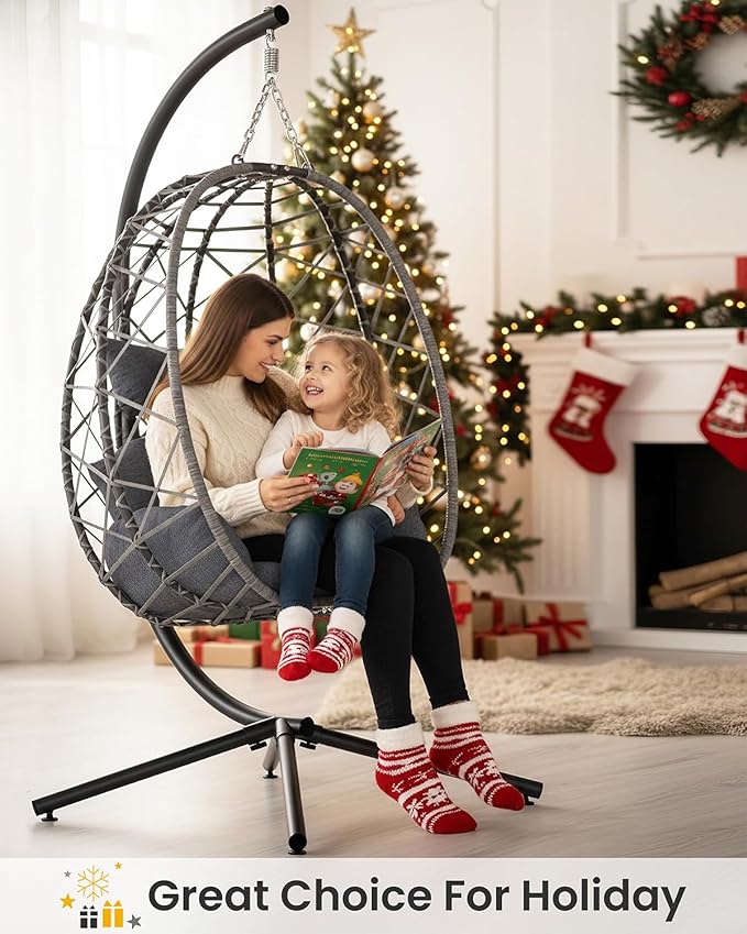 SWITTE Egg Swing Chair with Stand, Outdoor Patio Hanging Egg Chair, Indoor Hammock Chair with Cushion for Garden Backyard, 400LBS Capacity-Dark Grey